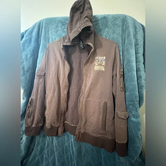 Men's Vintage Ecko Zip Hoodie with Arm Pocket Details in Brown Size XL - Picture 2 of 6